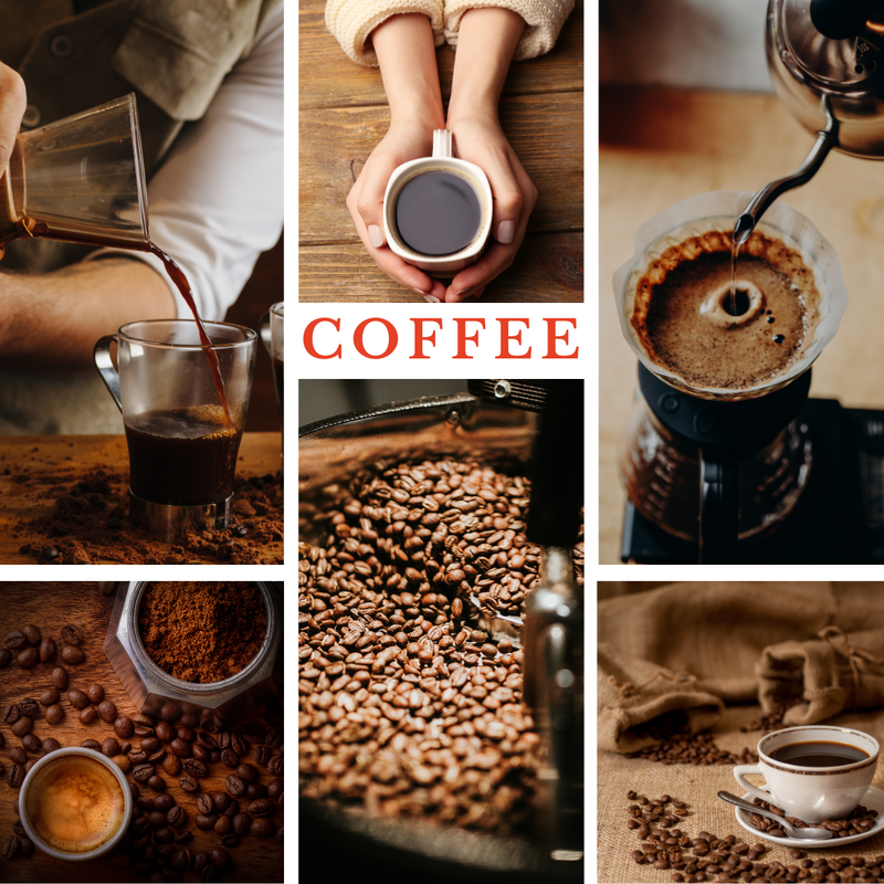 Image collage of specialty coffee preparation, showcasing fresh roasted premium beans and brewing techniques.